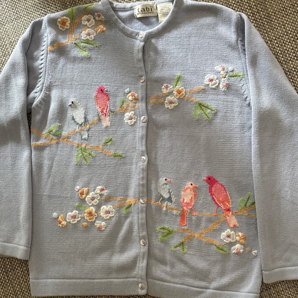 TABI INT'L 100% Cotton Floral Birds Embroidered Crewneck Cardigan Sweater M Blue